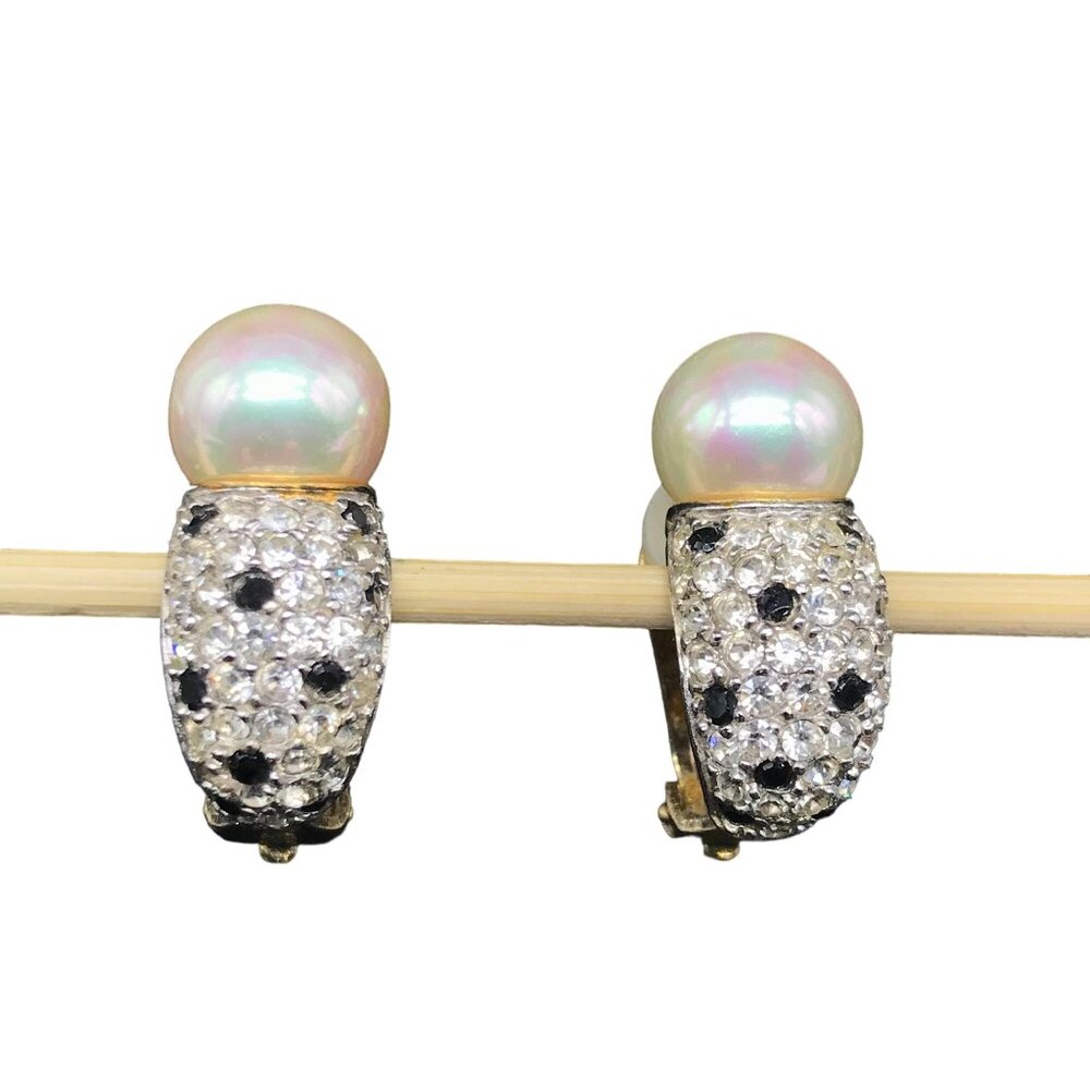 Italian Pave and Pearl Half Hoop Earrings with CZ and Black Spinel Crystals, 925